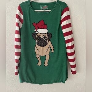****Ugly Christmas Sweater Green Pug In Santa Hat Crewneck Size Large